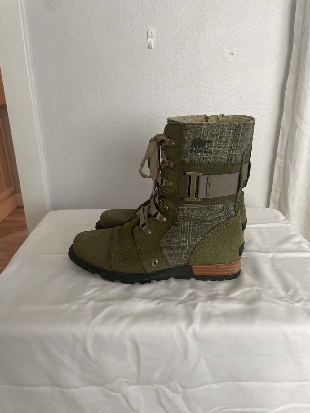 Sorel Major Carly Women's Olive Green Suede and Canvas Mid-Calf Moto Combat Boot